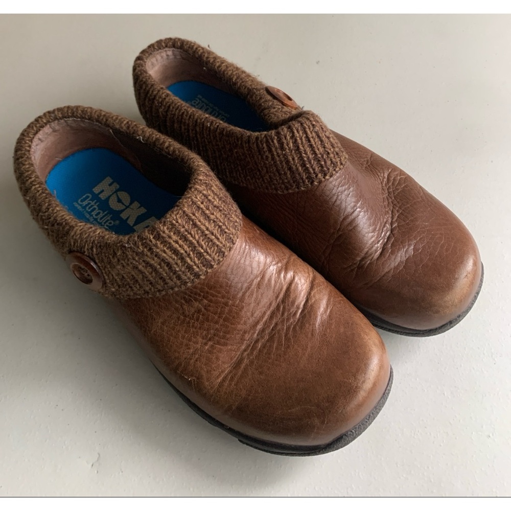 Dansko Brown Leather Clogs with Knit Collar